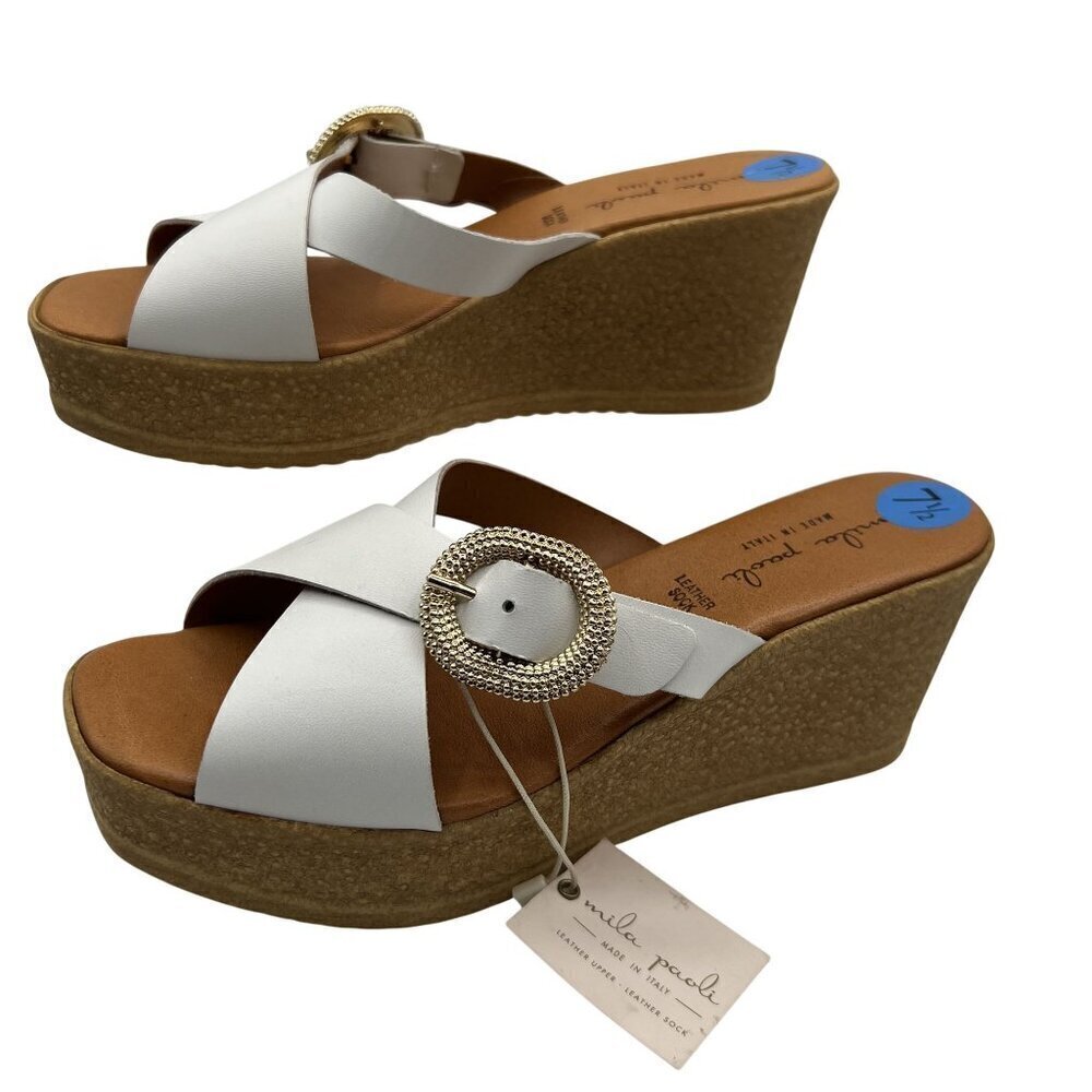 Mila Paoli NEW 7.5 White Leather Wedge Sandals Gold Buckle Made In Italy Boho